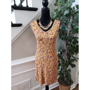 Logo Layers Women's Yellow Floral Rayon V-Neck Sleeveless Knee Length Dress XL